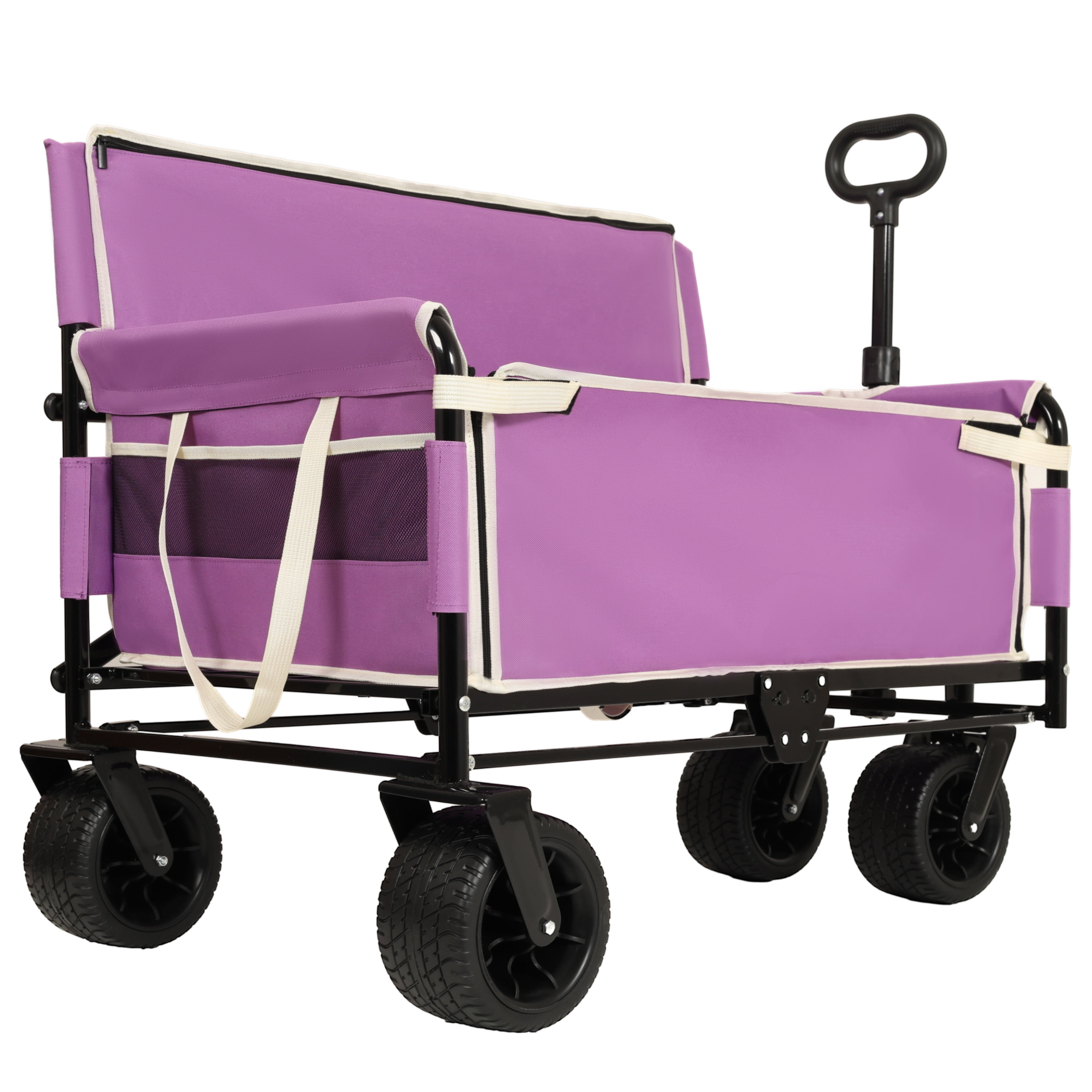 3-in-1 Convertible Folding Wagon Cart with Bench Seat & Storage, 500lbs Heavy-Duty Utility Wagon, 180L Capacity All-Terrain Wheels for Camping Beach Sports Garden, Purple