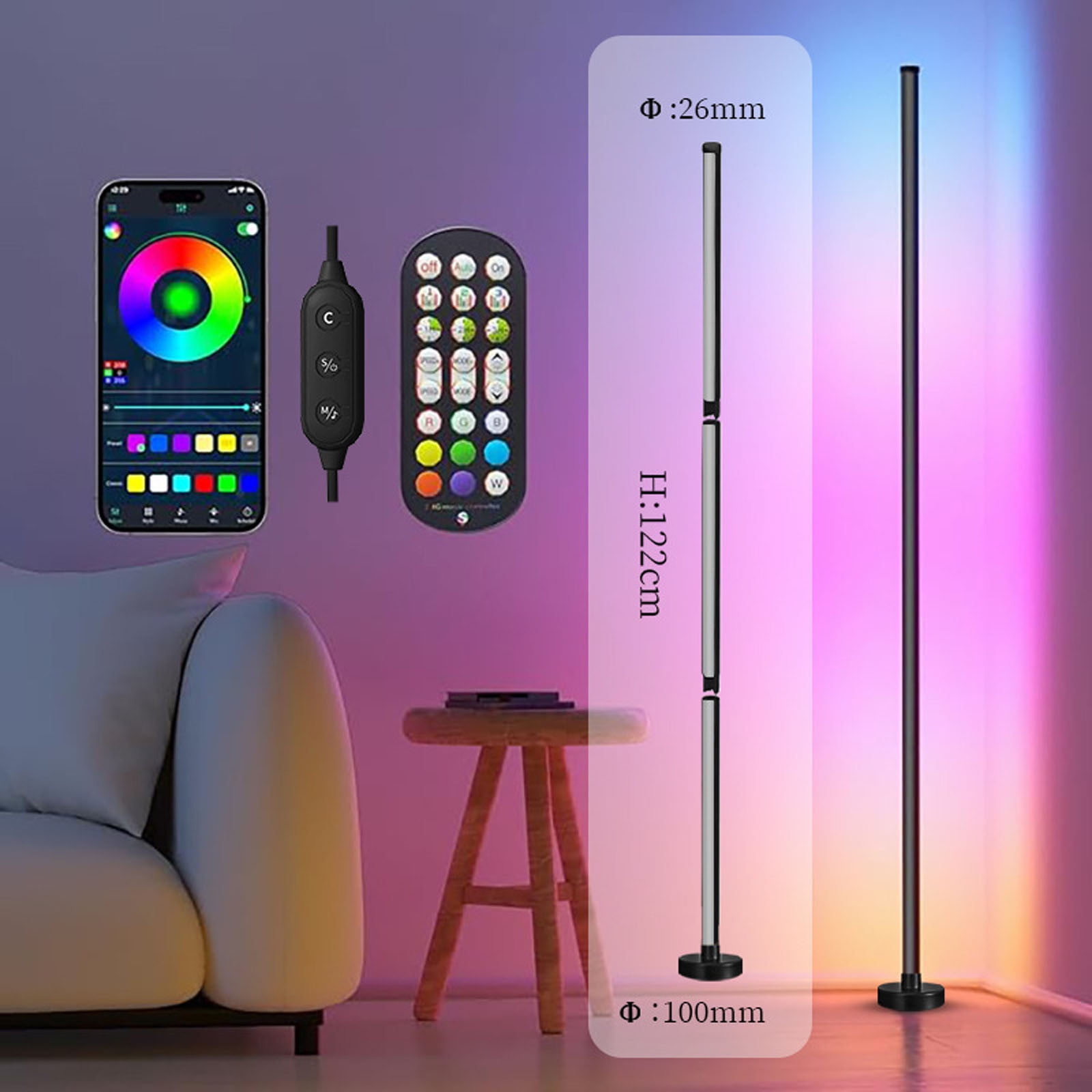 AYktou LED Floor Lamp 1.2m Corner Floor Lamp 1.6 Billion DIY Color & 23+ Scene and Music Sync Smart Modern Floor Lamp Color-changing Floor Lamp for Living Room