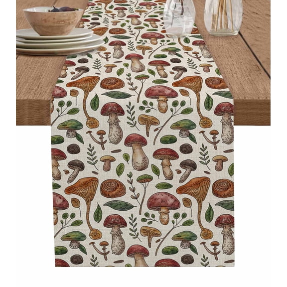 ERUNPONLY Fall Mushroom Table Runner - 70 Inch Long Farmhouse Country Botanical Leaves Cotton and Linen Blended Dress Scarves Farmhouse Table Runner for Kitchen Dining, Coffee Table, 13"x70"