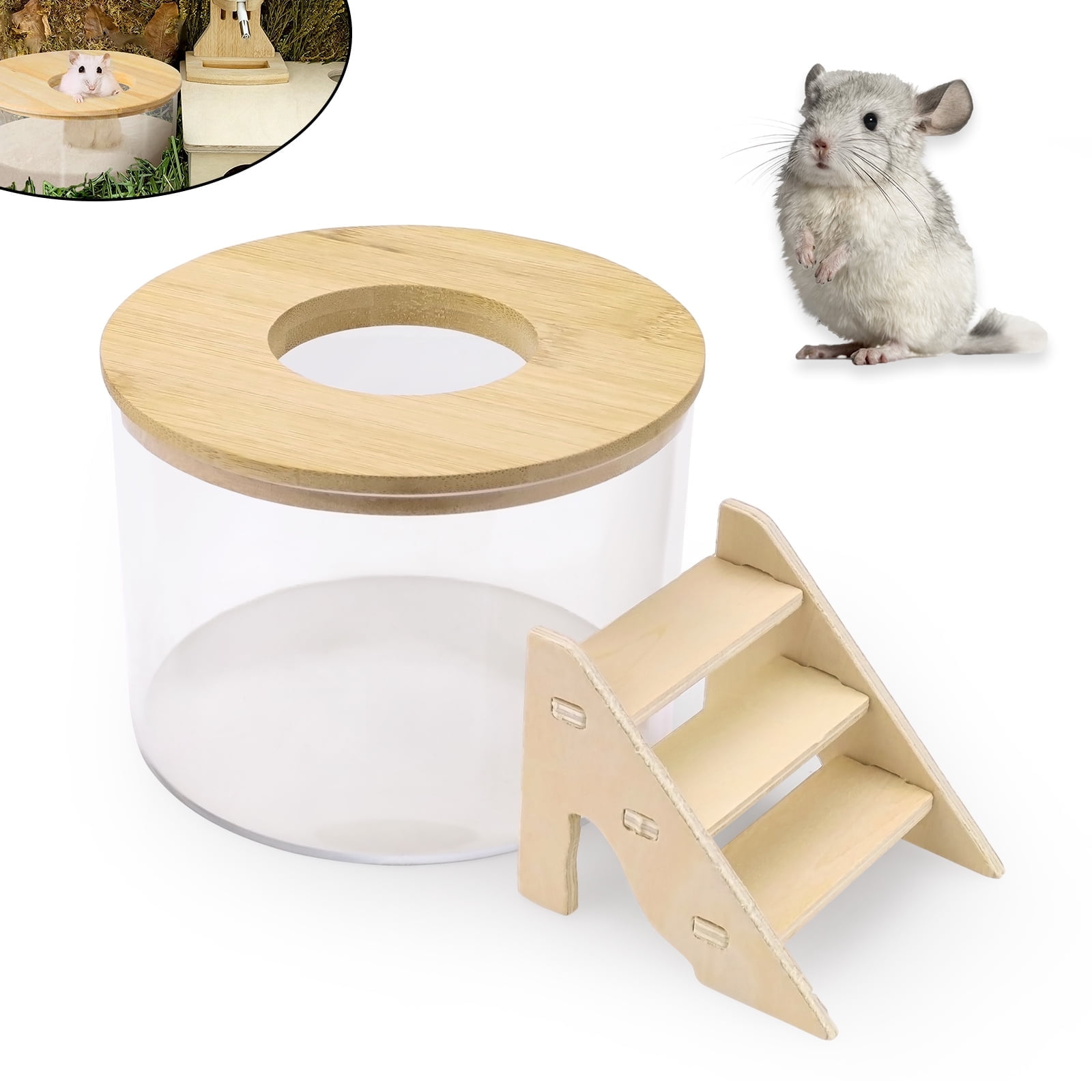 Plastic Hamster Sand Bath Container with Ladder, Clear Hamster Litter Box Tub Wood Cover for Chinchilla Pet Gerbil Guinea Pig Digging Small Animal House Round