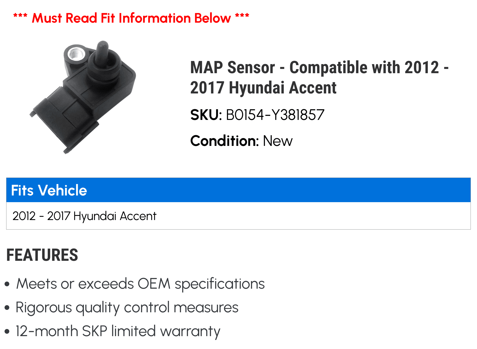 MAP Sensor - Compatible with 2012 - 2017 Hyundai Accent 2013 2014 2015 2016