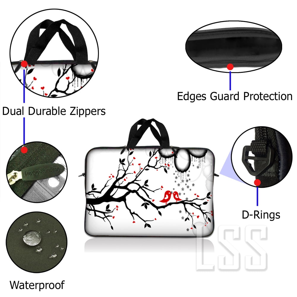 LSS 15.6 inch Laptop Sleeve Bag Carrying Case with Handle for 14" 15" 15.4" 15.6" Apple MacBook, Acer, Dell, Hp, Sony, Lovebirds Red On Black And White