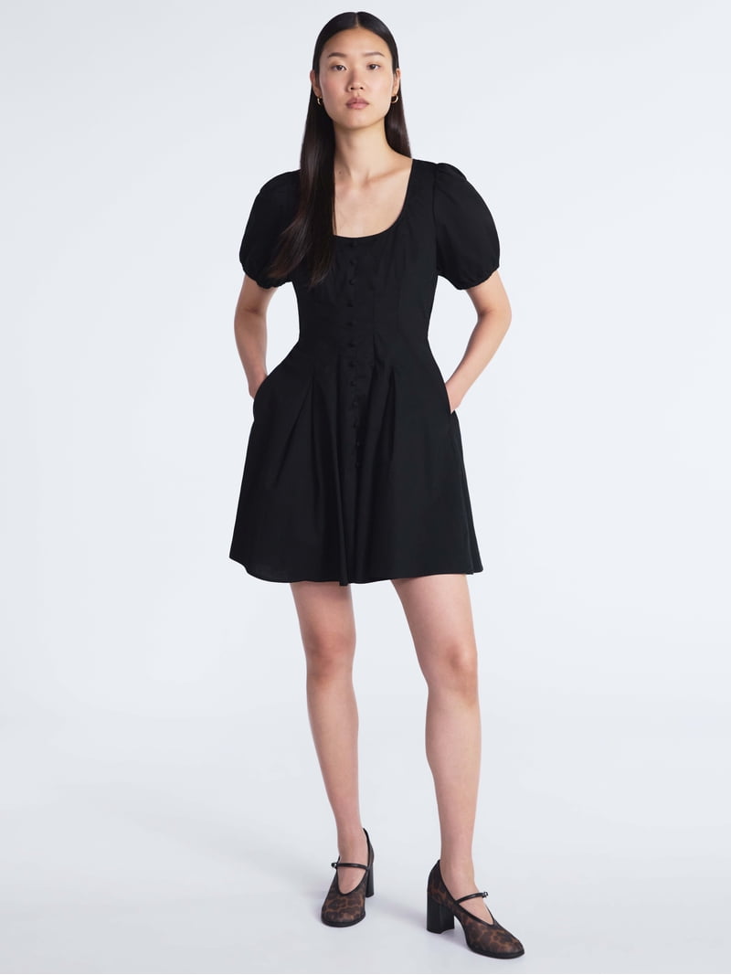 Scoop Womens Pleated Mini Dress with Puff Sleeves, Sizes XS-XXL