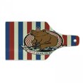 thumbnail image 1 of Bear Cutting Board, Circus Animal on Bicycle Carnival Theme Mascot Hat Striped Backdrop, Decorative Tempered Glass Cutting and Serving Board, Wine Bottle Shape, Ruby Blue Brown, by Ambesonne, 1 of 1