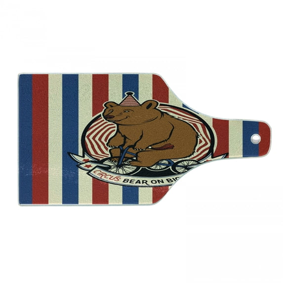 Bear Cutting Board, Circus Animal on Bicycle Carnival Theme Mascot Hat Striped Backdrop, Decorative Tempered Glass Cutting and Serving Board, Wine Bottle Shape, Ruby Blue Brown, by Ambesonne