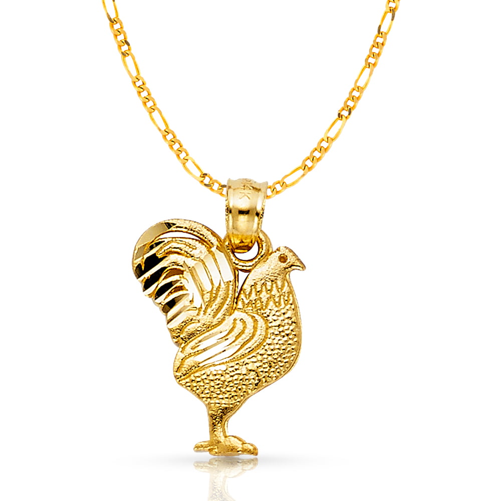 14K Yellow Gold Cat Charm Pendant with 2.3mm Figaro 3+1 Chain Necklace