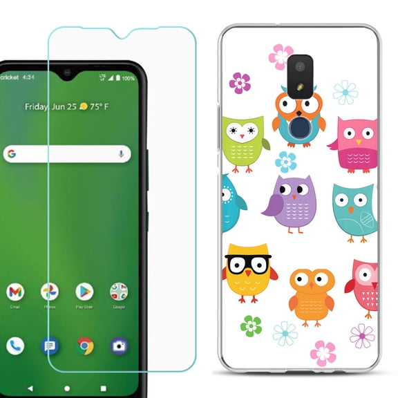 Slim-Fit TPU Fashion Phone Case for Cricket Icon 3, with Tempered Glass Screen Protector, by OneToughShield ® - Happy Owl