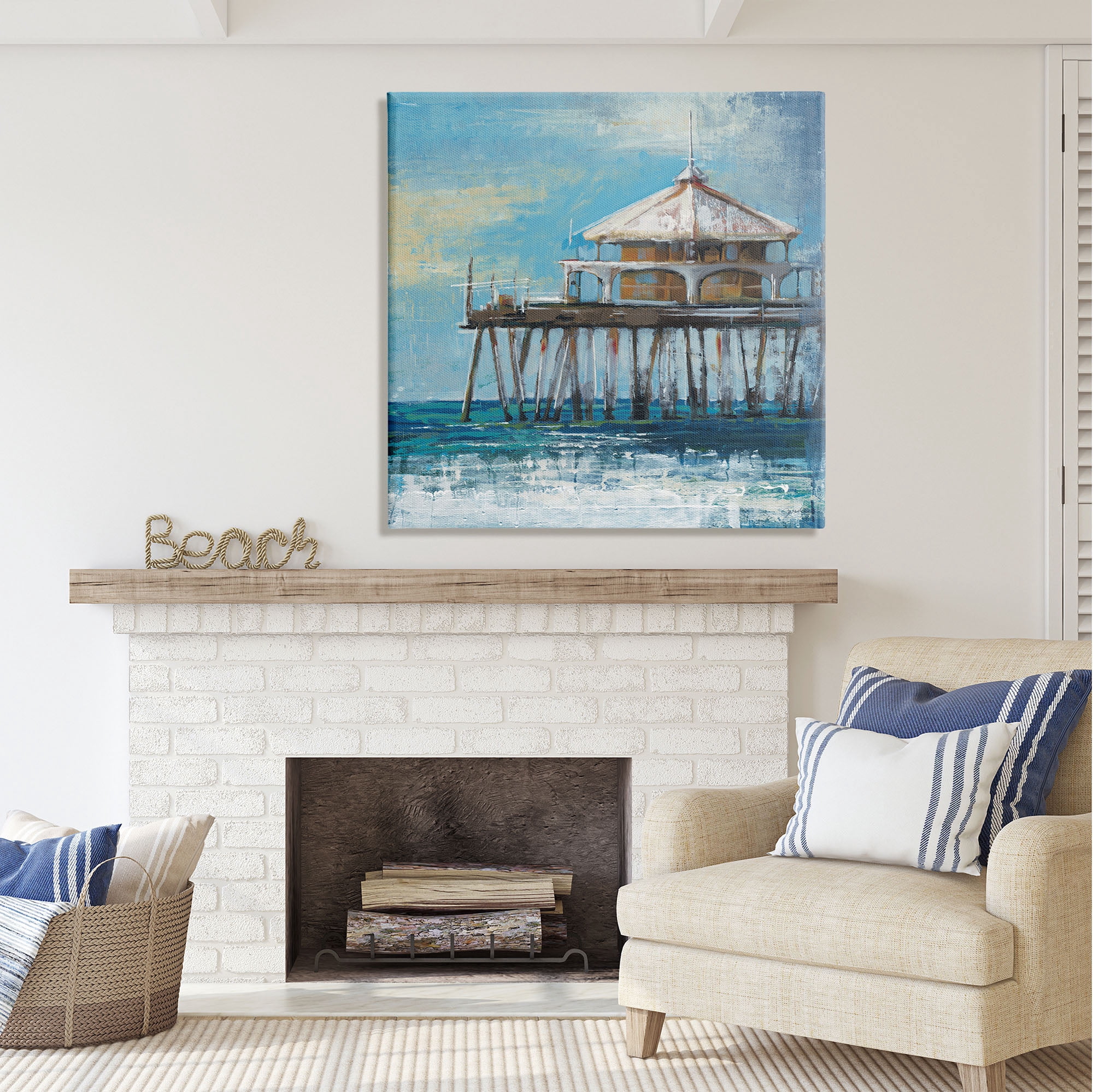 Stupell Industries Ocean Pier Painting Nature Painting Gallery Wrapped Canvas Print Wall Art, 36 x 36