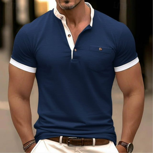 pstuiky Camisas de vestir de manga corta para hombre, Blusa básica de manga corta con cuello redondo y mangas cortas para hombre camisas casuales para hombre l