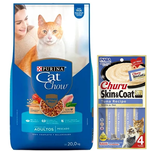 Cat Chow Adulto Pescado Defense Plus 20 kg + Churu Skin & Coat Atún Snack 4 tubos de 14g