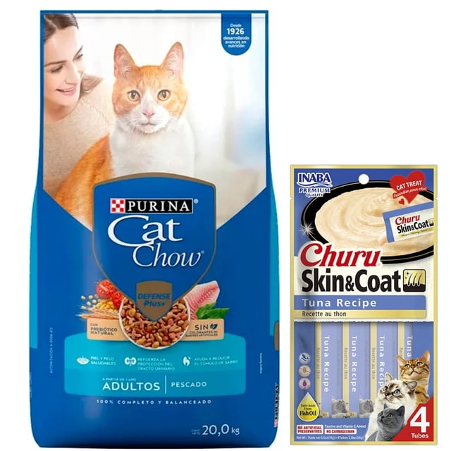 Cat Chow Adulto Pescado Defense Plus 20 kg + Churu Skin & Coat Atún Snack 4 tubos de 14g