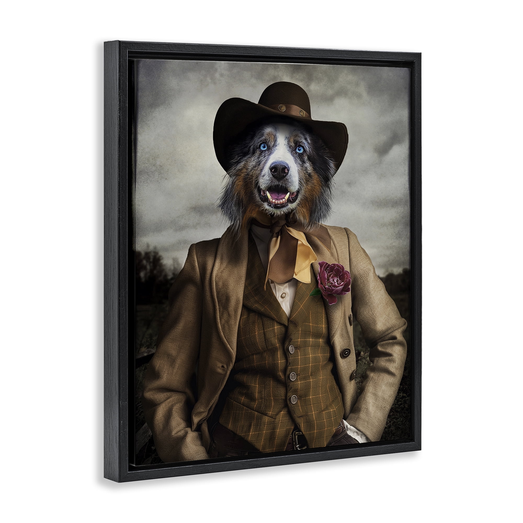 Stupell Industries Colonial Fashion Dog Animals & Insects Painting Black Floater Framed Canvas Art Print Wall Art, 25 x 31