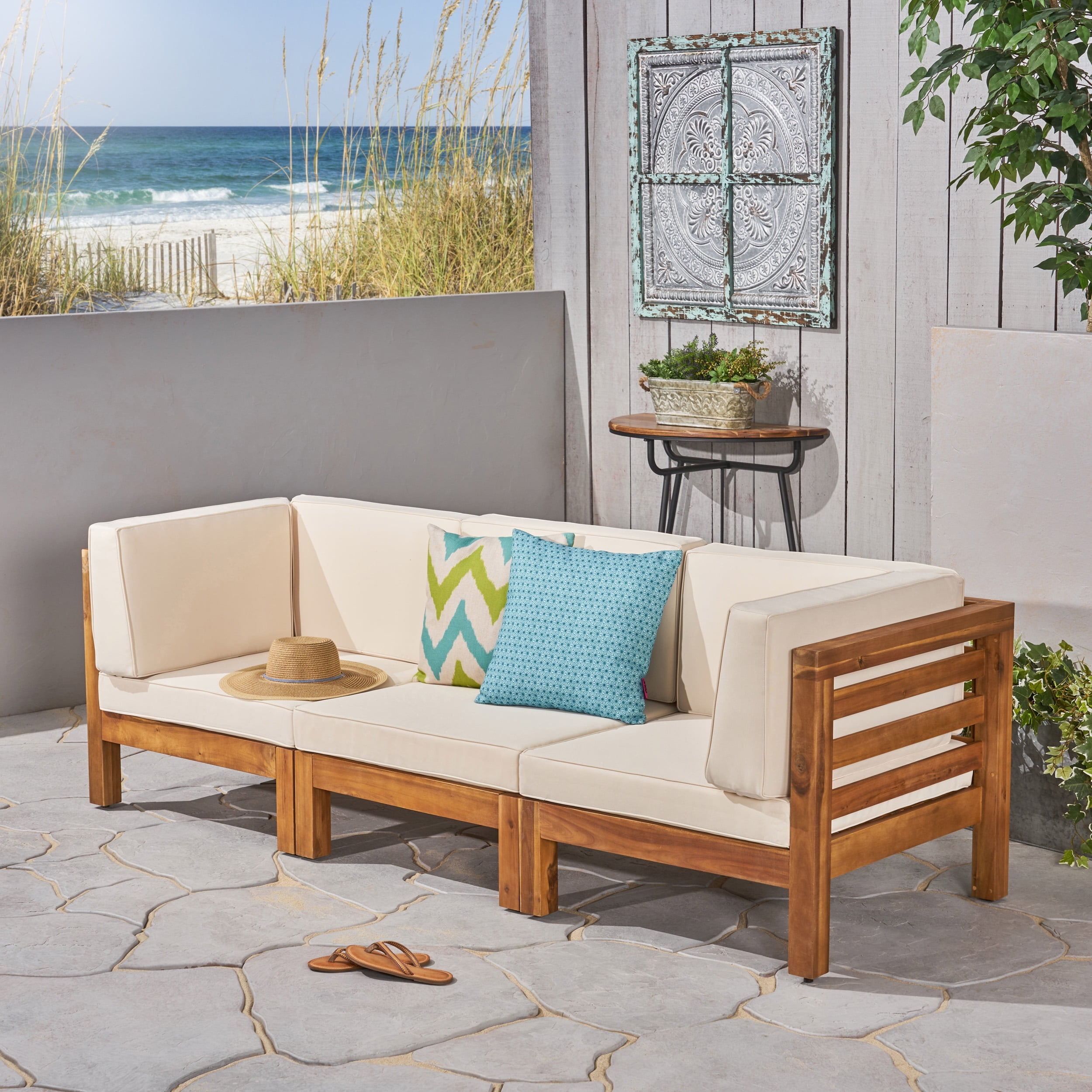 Frankie Outdoor Acacia Wood Sectional Sofa with Cushions