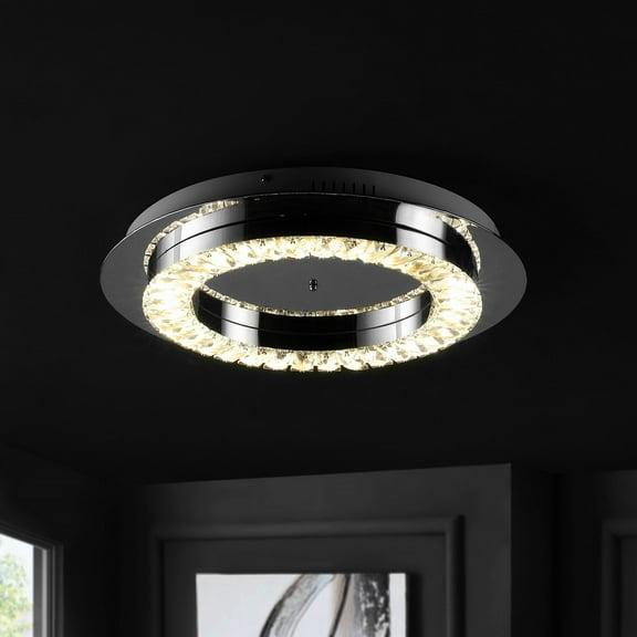 JONATHAN Y Cristal 18" Integrated Iron/Crystal Glam LED Flush Mount, Chrome/Clear, JYL7216A