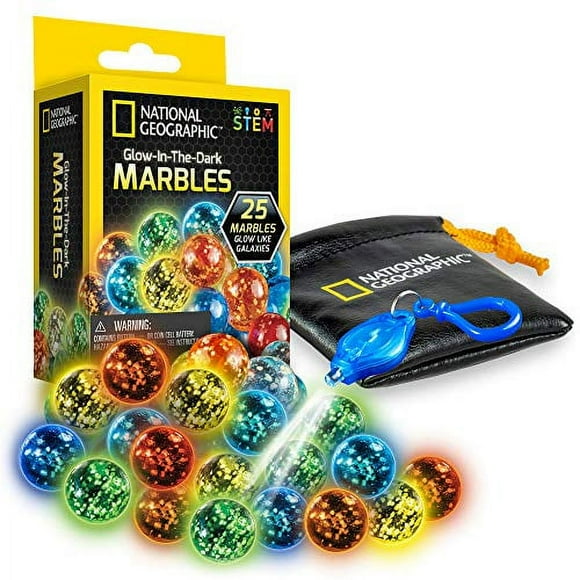 NATIONAL GEOGRAPHIC Marbles Refill Pack - 25 Glass Marbles That Glow in The Dark, Includes Storage Pouch & UV Keychain Light, Marble Runs for Kids, Building Toys, Science Toys