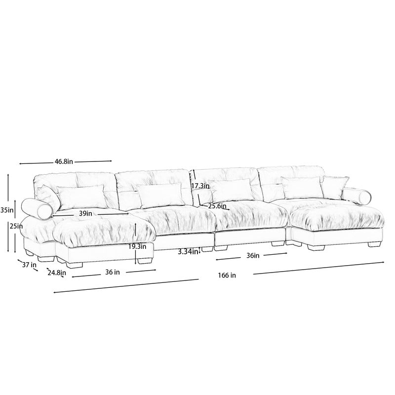 166" Modular Sectional Sofa with 2 Ottomans, 4-Seater Velvet Couch , Convertible U-Shaped Sofa, Deep Seat Cloud Couch with Pillows, Modern Sofa for Living Room, Apartment, Beige