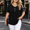 thumbnail image 2 of Tqcoqu Women's Plus Size V Neck Button Henley T-Shirts,Heathered Cotton Short Sleeve Casual Tunic Tops,Black Women's L-XXXXXL, 2 of 10