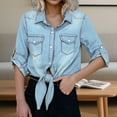 thumbnail image 2 of KHONTS Women's Roll up 3/4 Sleeve Tie Front Knot Shirt Chambray Denim Crop Top Blue XL, 2 of 5