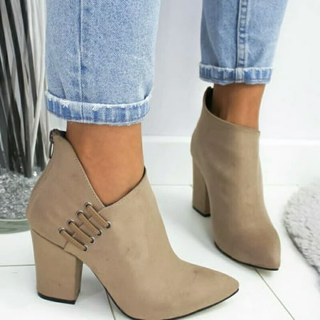 

Womens Mid Heel Ankle Boots Ladies Casual Zip Up Thick Heel Pointed Toe Booties 37 Khaki
