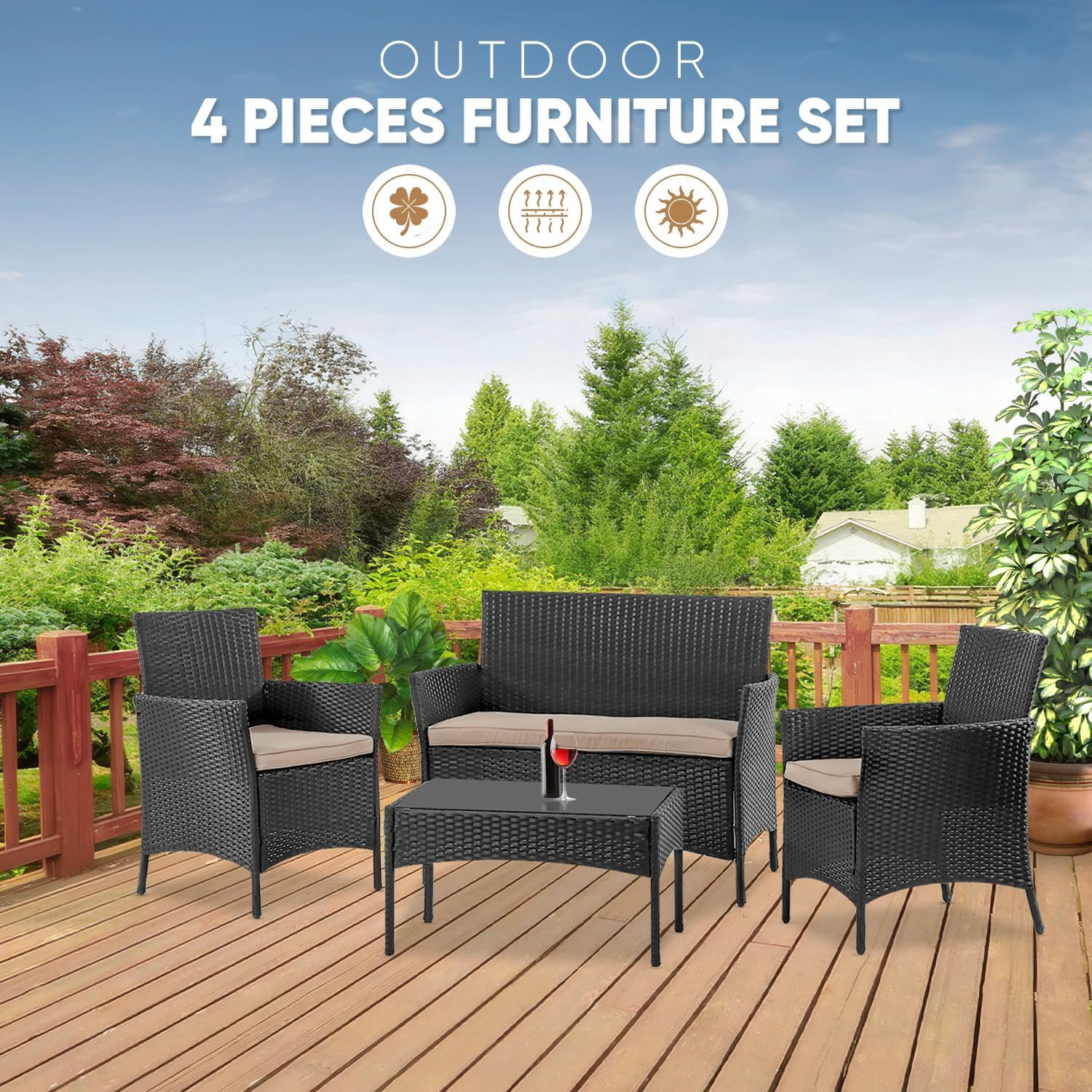 FDW Patio Furniture Set 4 Pieces Outdoor Rattan Chair Wicker Sofa Garden Pool/Backyard