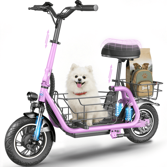 MIHOVER 550W Electric Scooter with Seat for Adult, 12 inch Commuter Electric Scooter with Dual Shock Absorbers and Double Baskets-Up to 25 Miles 18.6MPH, UL 2272 Certified-Pink
