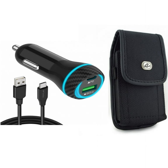 Quick Car Charger & Case Belt Clip for iPhone 15 Pro Max - 43W 2-Port USB Cable Type-C PD Power and Rugged Holster Canvas Cover B9J for iPhone 15 Pro Max (6.7")