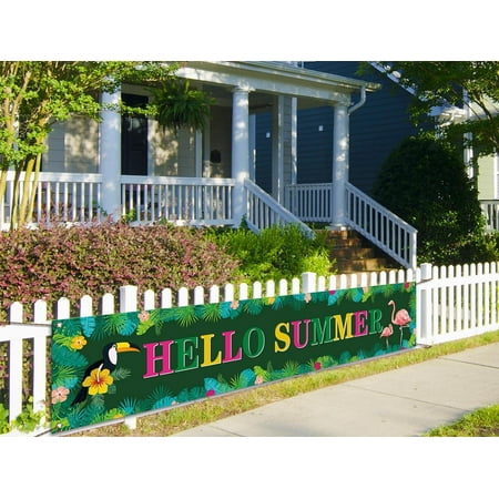 Hello Summer Fence Banner Flamingo Floral Summer Hawaii Themed Party Supply Holiday Hanging Yard Indoor Outdoor Decoration