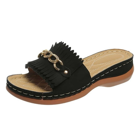 

Womens Metal Buckle Thick Bottom Fringed Beach Slippers Orthopedic Wedge Sandals Summer Open Toe Slide Sandals Comfortable Flats Flip-Flops Sandal Casual Platforms Wedge Sandals Heeled Sandals A046