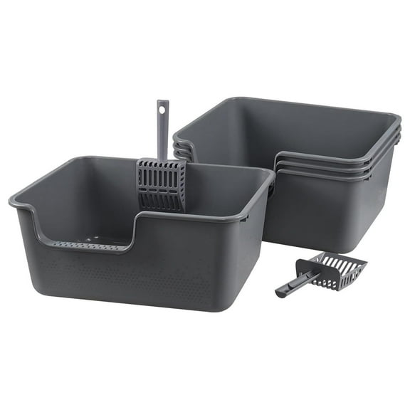 4-Pack Plastic High Side Cat Litter Box, Large Open Litter Box, Gray, 19.69 x 15.24 x 8.46 Inches
