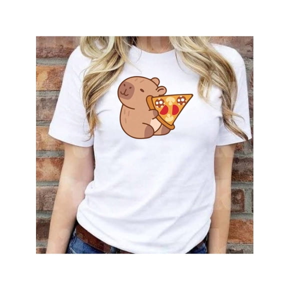 Playera Blusa De Capibara Comiendo Pizza Ropa Divertida Para Mujer Capibara Color Blanco Talla Mediana Marca Emil SaEs