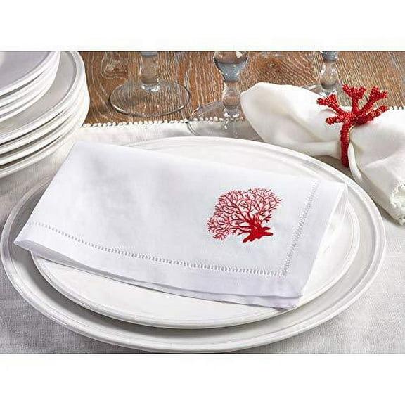 Fennco Styles Embroidered Coral & Hemstitch 100% Cotton 20 Inch Square Dinner Napkins, Set of 4 â€“ White Elegant Cloth Napkins for Family Dinners, Wedding Parties, Home DÃ©cor & S