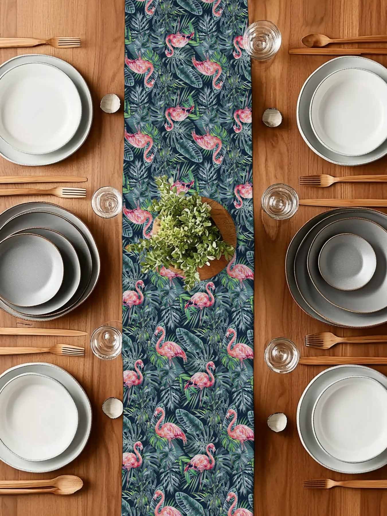 Pink Flamingo Table Runner, Country Tropical Animal Green Monstera Plant Farmhouse Washable Cotton-linen Table Runners Dining Kitchen Decoration for Everyday Home Wedding Party Decor, 13 x 108 Inch