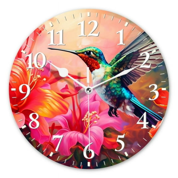 Decorative Round Wall Clocks Non-Ticking Silent Battery Operated Clocks with Photo for Bedroom,Living Room-Beautiful Hummingbird Hovers Among Colorful Flowers(14inch)