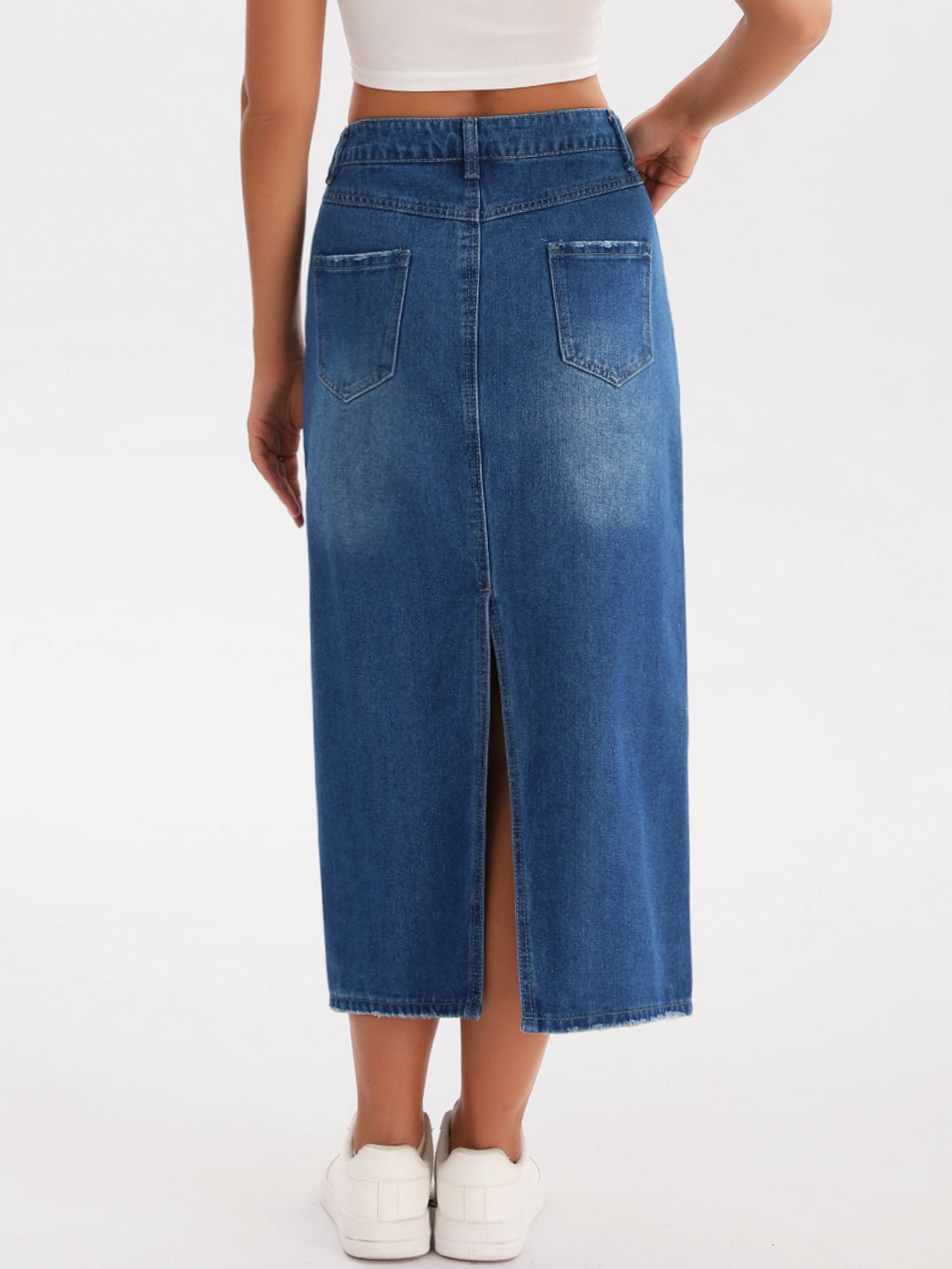 DARING DIVA Women's Denim Split Back Pockets Pencil Midi Jean Skirts Medium Dark Blue