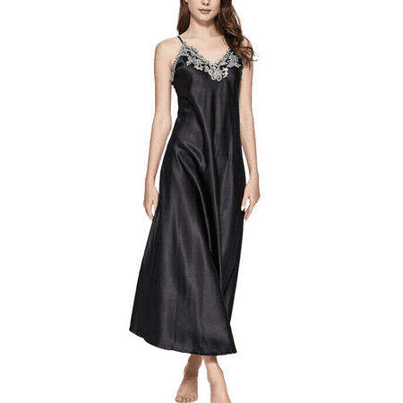 

JYYYBF Women s Camisole Nightgown Silk Satin Nightdress Maxi Full Slip Dress Spaghetti Strap Sleepwear Black XL