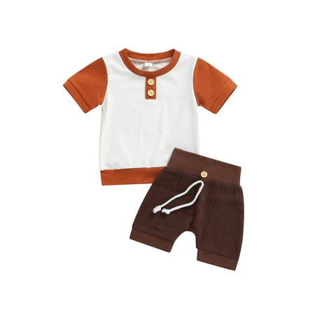 

Canrulo Newborn Baby Boy Short Pants Outfits Short Sleeve Patchwork T-Shirt + High Waist Button Decor Shorts Set Brown 0-6 Months