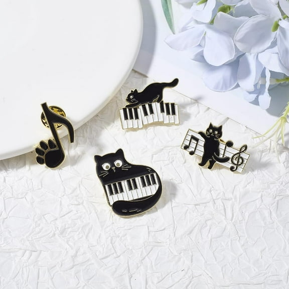 4Pcs 4 Styles Cat with Musical Note Enamel Pins Alloy Brooches for Backpack Clothes Black 12~30x21~30mm 1pc/style