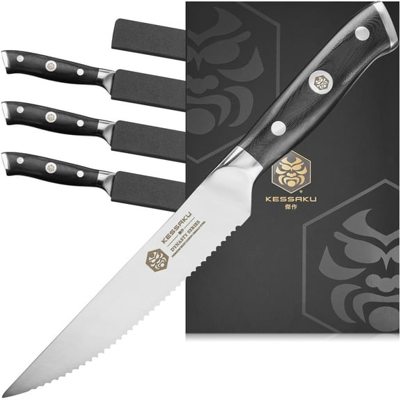 Kessaku Steak Knife Set - 5 inch - Dynasty Series - 4 Razor Sharp Kitchen Knifes - Forged ThyssenKrupp German Stainless Steel - G10 Garolite Handle with Blade Guards
