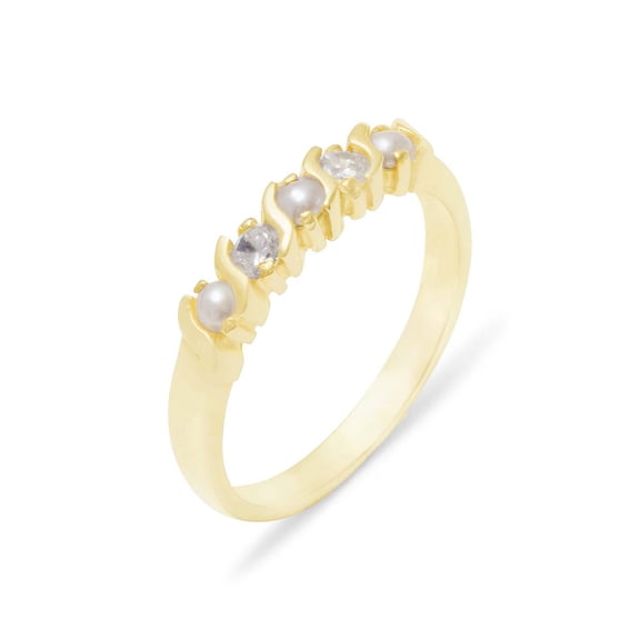 LBG British Made 14k Yellow Gold Cultured Pearl & Diamond Womens Eternity Ring - 33 size options - Sizes 4 to 12 Available