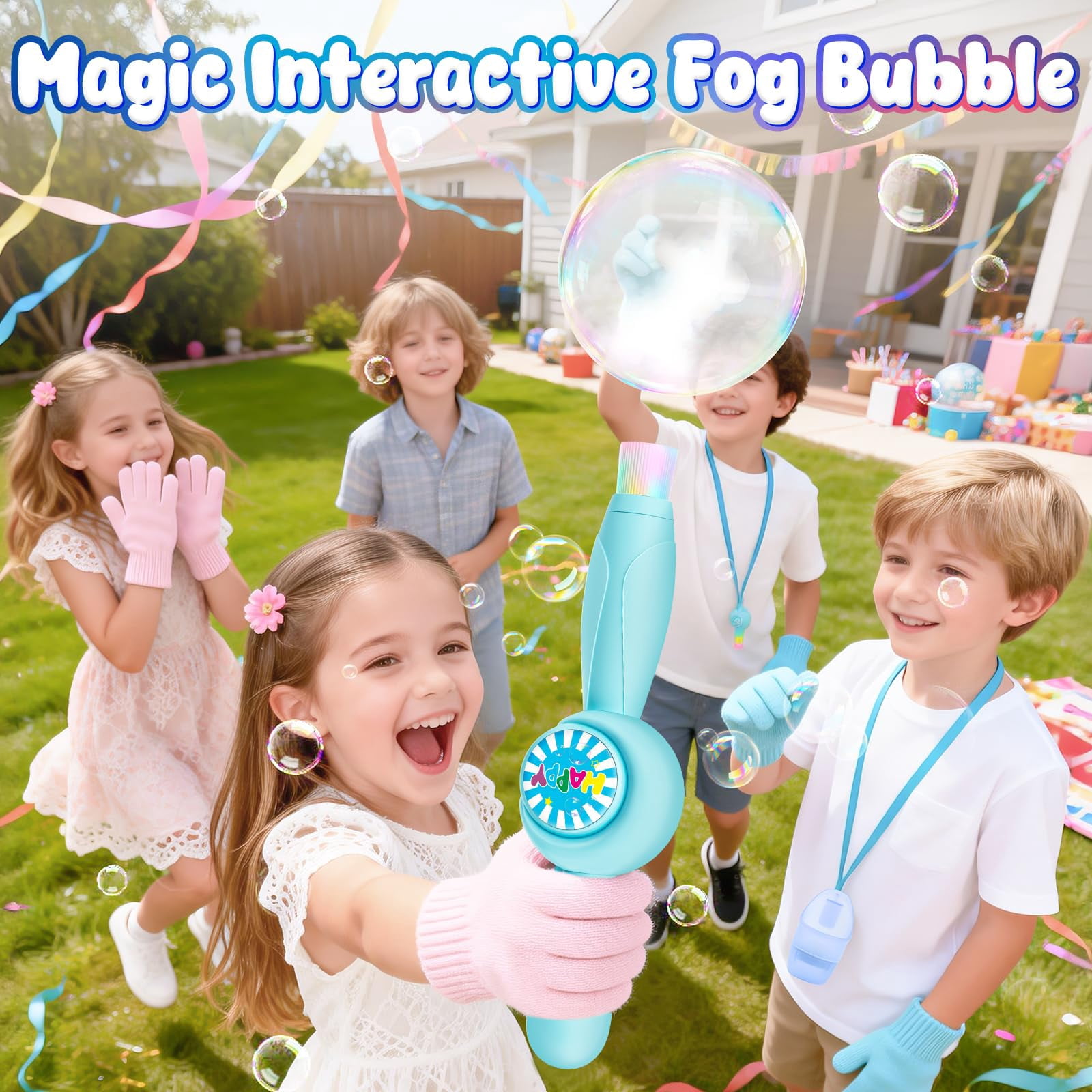 Elastic Bubble Wand for Kids Smoke Bubbles Machine with Party Colorful Lights, Outdoor Toys Easter Baskets Stuffers Gifts for Ages 3 4 5 6 7 8 Boys Girls(Blue)