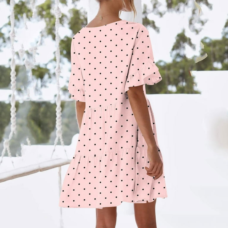 LOVZFMLL Summer Dresses for Women Casual Loose V Neck Short Sleeve Mini  Dress Ruffle Swing Polka Dot/Boho Floral Print Beach Sundress Pink A XL -  Walmart.com