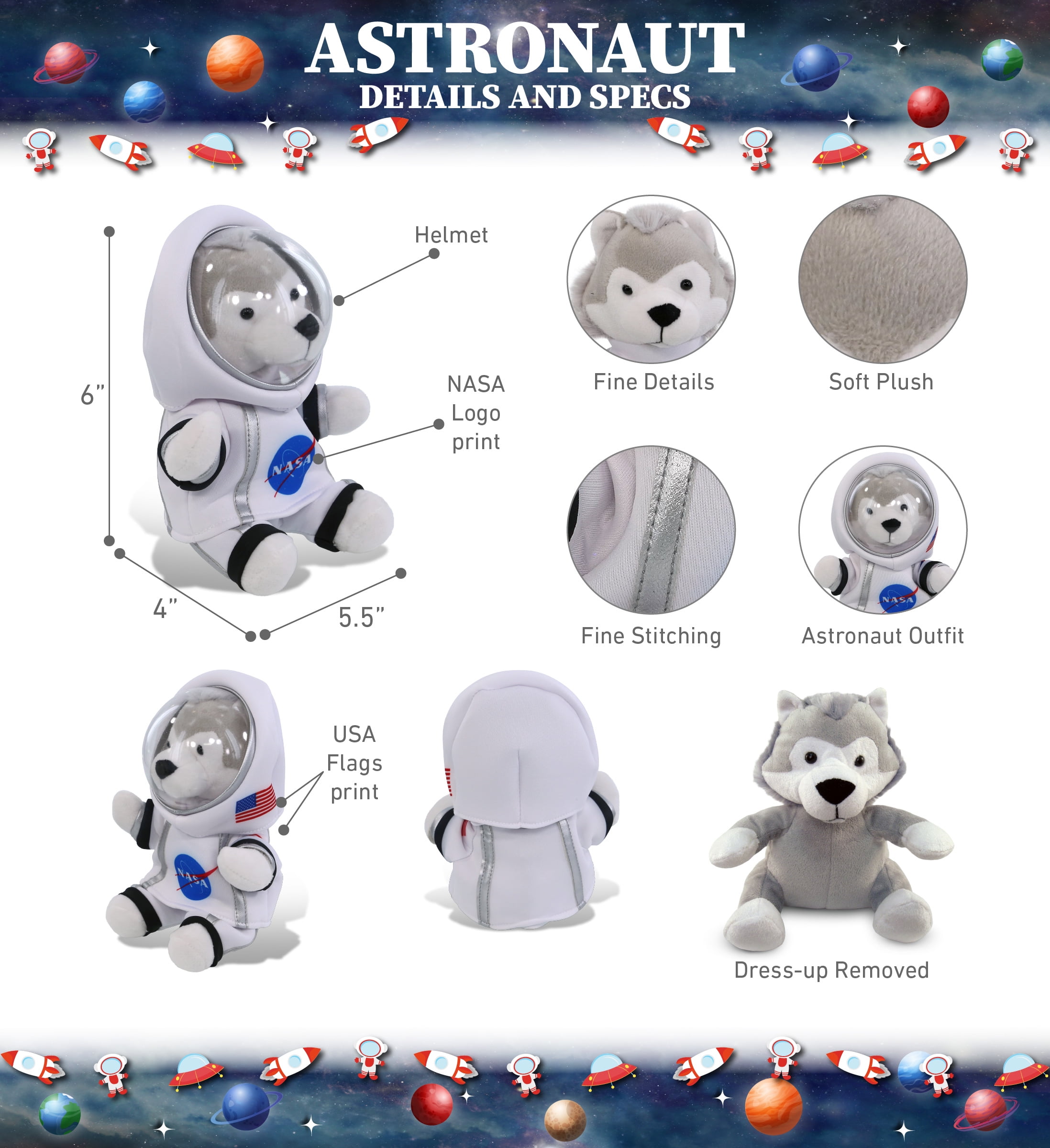 DolliBu Grey Wolf Astronaut Plush Toy - Super Soft Wild Life Astronaut Stuffed Animal Plush with Space Helmet and NASA Astronaut Suit, Cute Spaceman Doll Decor for Girls and Boys - 6 Inch