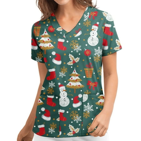 

Winter Savings 2022! purcolt Women s Plus Size Christmas Scrubs Tops Snowman Print Working Uniform V Neck Short Sleeve Nurse Workwear Blouse Shirts with Pockets