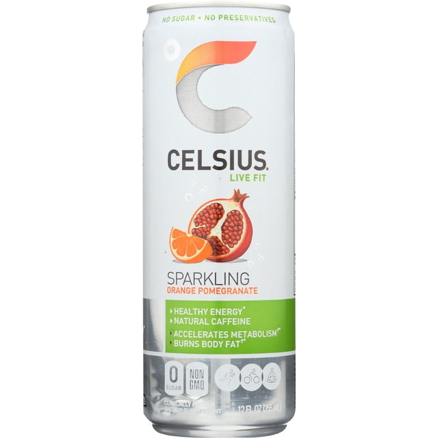 CELSIUS Endulzado con Stevia Sparkling Fitness Drink, Zero Sugar, Slim Can, Naranja Pomegranate, 144 Fl Oz (paquete de 12)