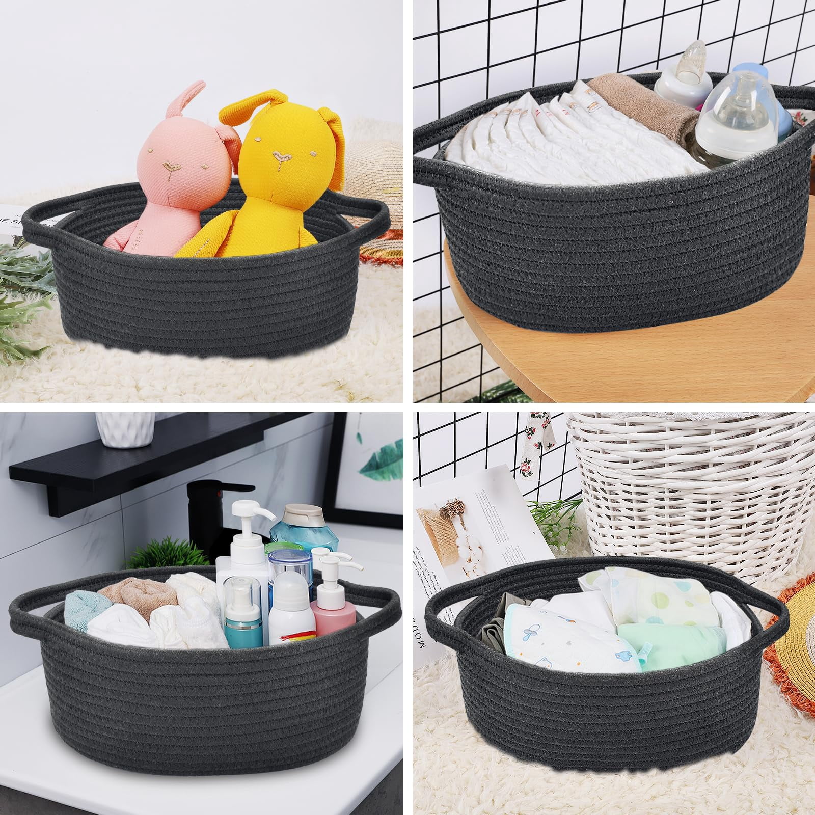 Small Basket with Handles, Boho Decorative Rope Woven Storage Bin Organizer, Pet Toy Storage, Easter and Holiday Gift Basket, 12"x8"x5", White