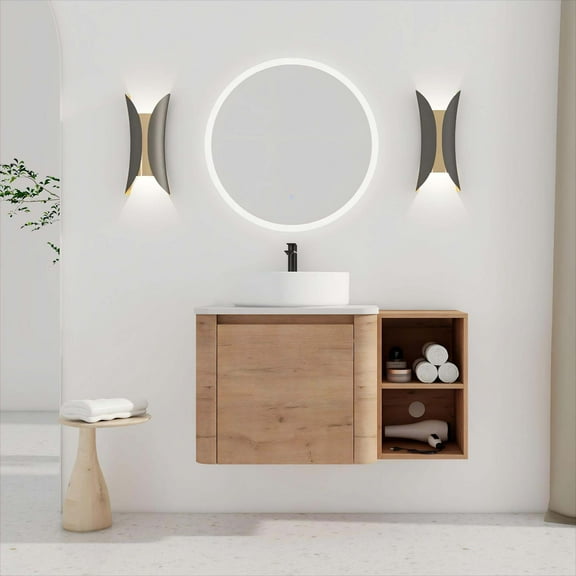 Modern Bathroom Vanity 36'' Wall-Mounted Bathroom Vanity With Ceramic Art Sink, and Storage Shelves, Soft-Close Door, KD-Packing, Plywood,Wooden Bathroom Vanity