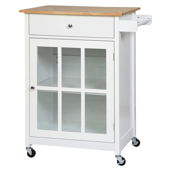 Rolling Kitchen Island Cart with Drawer & Glass Door, White Kitchen Trolley with Adjustable Shelf & Towel Rack, 27" x 19", Portable Storage
