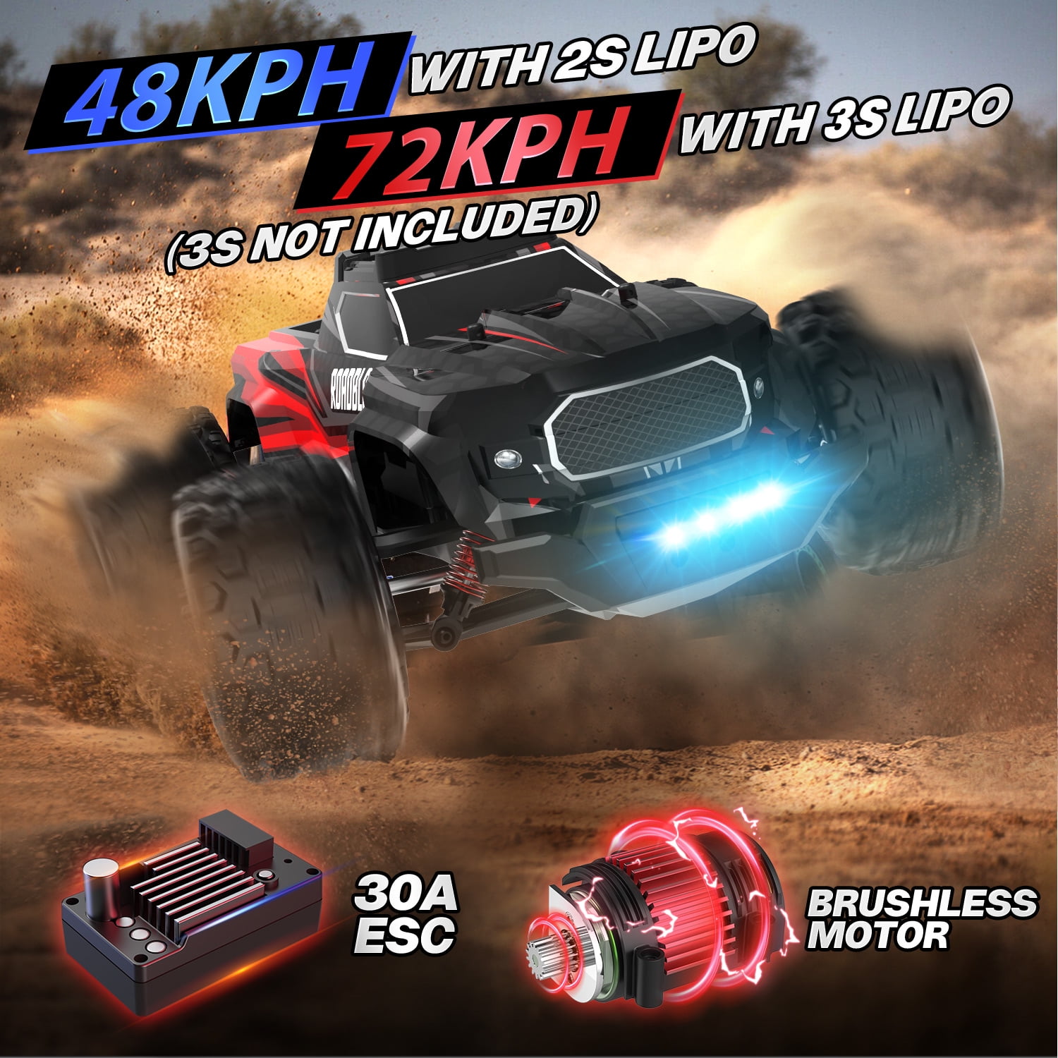 JoyStone 1:14 Fast RC Cars, Max 35+ mph Off-Road Hobby RC Trucks for Kids Adults, High-Speed Remote Control Car with Lights & Two 2S Lipo Batteries, Red