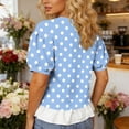 thumbnail image 7 of WAGUTH Women's Polka Dot Print Tops Crew Neck Puff Short Sleeve Casual Blouses with Ruffle Hem for Daily Wear,Sky Blue,S, 7 of 7