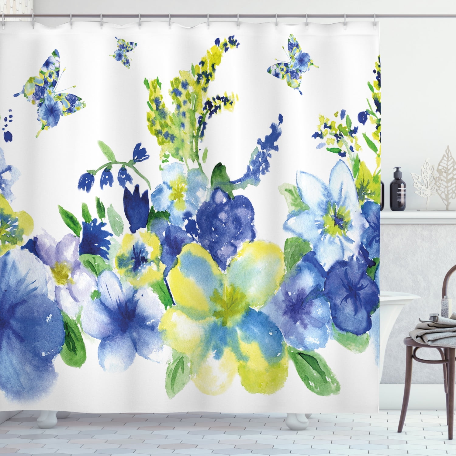 Yellow and Blue Shower Curtain, Spring Flower Watercolor Flourishing